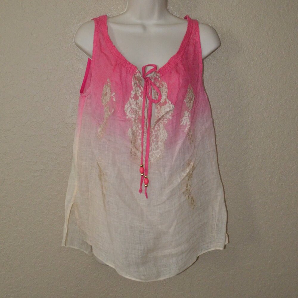 Sz M/L Vanita Rosa Pink Beige Linen Sleeveless Blouse Cover Up